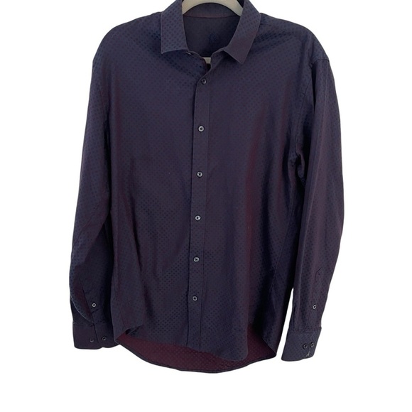 Bugatchi Uomo James Oooh Cotton button up shirt navy with purple polka dots Med - Picture 3 of 8